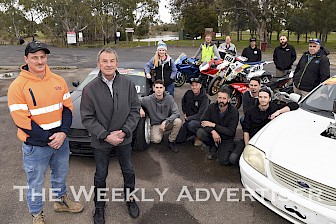 SHOW OF SUPPORT: Horsham motorsport enthusiasts, including Patrick Willmore and former Spanish motorcycle grand prix winner Kevin Magee, left, want to build a racetrack near Horsham. Picture: PAUL CARRACHER