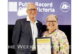 RECOGNITION: Willaura Modern gallery and Willaura Historical Society were awarded the Small Organisation History Award for their Precious Objects exhibition as part of the Public Record Office Victoria’s Community History Awards. Pictured is project co-ordinator Lois Reynolds and Royal Historical Society of Victoria president Richard Broome.