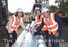 GWMWater chair Caroline Welsh, Jacinta Ermacora and Mark Williams at the launch of East Grampians Rural Water Supply Project new pump station as the first stage of the $85.2million project.