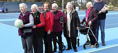 REUNION: Members of the Douglas Miga Lake Rovers 1954 basketball premiership team gathered at Harrow Recreation Reserve on Saturday to mark 70 years since their grand final win. Pictured, from left, are Barbara Blair, née Hobbs, Anne Anson, née Kealy, Marion Addinsall, née Mitchell, Roma Anson, née Smith, Merle Clayton, née Anderson and Marie Anson née Hobbs. Gwen Hobbs was represented by her son Stephen. Picture: KAREN REES