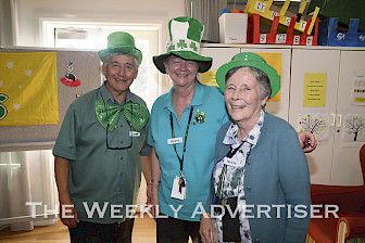 COME ALONG: East Grampians Health Service is providing an afternoon tea on Tuesday for its volunteers and people interested in volunteering at the service. Pictured is EGHS Patricia Hinchey Centre staff Lionel Holt and Grace Rethus with volunteer Noela Mackay on St Patrick’s Day.