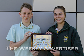ACCOLADE: St Brigid’s College students Luke White and Hannah Plazzer with the Wimmera Regional Sports Assembly Sports School of the Year award.