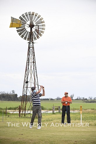 John Lacey and Shane Grover playing golf at Nhill Golf Club. The club was able to host stableford competition golf for the first time since Stage 3 lockdown.