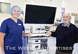 BENEFITS: Grampians Health Horsham campus’ Amie Ampt and Wimmera Health Care Group Foundation chairman Graeme Hardman with the Endobase camera stack.