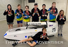 ALL SMILES: National title winners, from left, Ollie Mills, Noah Bouma, Olly Webster, Lachlan North, William Koch, Jack Mills, Charlie Pietsch and Aiden Reinheimer, front. Lucy Pietsch also competed.