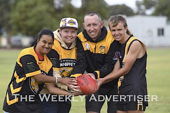 SEASON START: Madee Townsend, Rachael Werner, Alfred Muller and Sam Hudson are ready for the Wimmera Whippets’ football season to start as they begin pre-season training tonight. Picture: PAUL CARRACHER