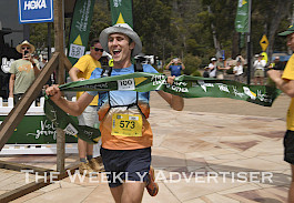 FAST FINISH: Michael Dimuantes was first over the line in the 50 kilometre leg – from Mt Zero to Halls Gap – of the inaugural GPT 100 Miler. Picture: PAUL CARRACHER