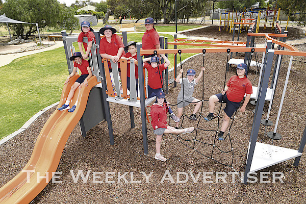 NEW ADDITION: Rupanyup Primary School students, from left, Casey Franklin, Max Dunlop, Lenny McQueen, George Roider, Zara Zolj, Ella Trotter, Lyla Hurley, Leni Gellatly and Riley Trotter on new play equipment at the school. Picture: PAUL CARRACHER