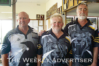 IN MEMORY: Coughlin Park bowlers Alan Woodhead, Mark Schman and Craig Decker won at the John Hickey Celebration Bowls Day on Saturday.