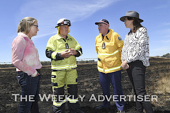Fire Rescue Victoria incident controller Mark Gunning, Premier Jacinta Allan, CFA chief officer Jason Heffernan and Minister for Emergency Services Jaclyn Symes inspect fire damage at Dadswells Bridge.