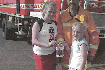From The Weekly Advertiser archives: March 21, 2002 –  Horsham Fire Brigade volunteer Bill Johnson accepts a donation from his daughters Cheree and Kara. The girls will be helping their father for the annual Royal Children’s Hospital Good Friday Appeal and the Horsham Fire Brigade will be out in force collecting donations.