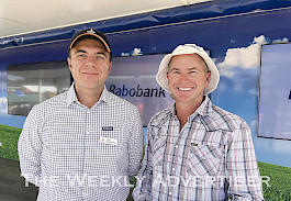 SHARING KNOWLEDGE: Rabobank’s Vitor Pistoia, with Jason Robinson, of Warracknabeal at the Rabobank Truck during the Wimmera Machinery Field Days.