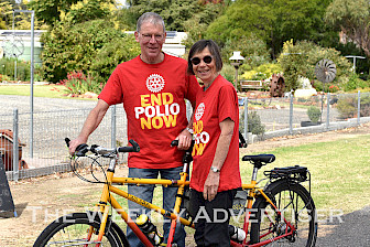 LONG ROAD: Rotarians Phil and Joyce Ogden, pictured with their ‘two can’ tandem, joined Horsham Rotarians Doug and Jennie Mitchell during their 3000-kilometre bicycle ride.          Picture: BRONWYN HASTINGS