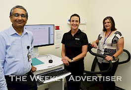 GRATEFUL: Grampians Health cardiologist Dr Rajiv Ananthakrishna shows the new stress test device to Wimmera Health Care Group Foundation’s Penelope Manserra and Andrea Cameron.