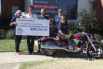 THANK YOU: Presenting a cheque for $25,000 are, from left, Victoria Police Blue Ribbon Foundation Ararat Branch president Dianne Radford, East Grampians Health Service chief executive Nick Bush, Ride to Remember sub committee and Ararat branch members Dean Pinniger and Kate Gleeson, and Ride to Remember chief marshall Debbie Francis.