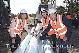 GWMWater chair Caroline Welsh, Jacinta Ermacora and Mark Williams at the launch of East Grampians Rural Water Supply Project new pump station as the first stage of the $85.2million project.