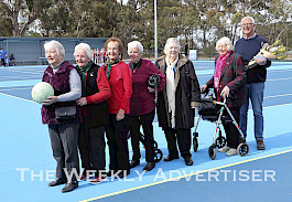 REUNION: Members of the Douglas Miga Lake Rovers 1954 basketball premiership team gathered at Harrow Recreation Reserve on Saturday to mark 70 years since their grand final win. Pictured, from left, are Barbara Blair, née Hobbs, Anne Anson, née Kealy, Marion Addinsall, née Mitchell, Roma Anson, née Smith, Merle Clayton, née Anderson and Marie Anson née Hobbs. Gwen Hobbs was represented by her son Stephen. Picture: KAREN REES