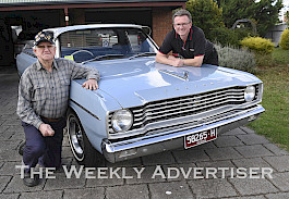 PART OF THE FAMILY: Winston Chivell and his son Rustin with their 1967 Chrysler Valiant Wayfarer ute which will feature on ABC program Tony Armstrong’s Extra-Ordinary Things.Picture: PAUL CARRACHER