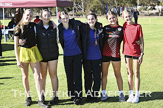 Bonnie Grieger, Myah Meadows, Lilly Peucker, Stella Schnaars, Georgia Foster, Maya Przibilla at Holy Trinity Lutheran College cross country.