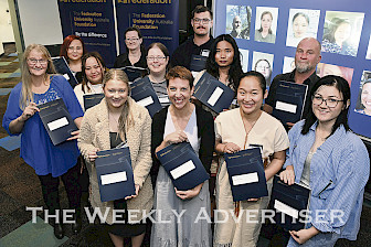 RECIPIENTS: Federation University scholarship recipients, back, from left, Bethany Ward, Cecilia Wilson and  Robert O’Callaghan, middle, Sarah Harrison, K’lu Say Say, Elayna Kinley, Bella Wah and Damian McDonald, and front, Ebony Harrison, Bailey Price, Paw Say Paw and Tyla Smith. Picture: PAUL CARRACHER