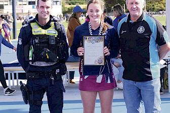 Zarli Knight – WFNL Horsham Demons netballer Zarli Knight, a strong attacking player with a natural talent, was awarded in round one by Horsham Blue Ribbon Foundation Member Les Power and Horsham police acting sergeant Dan Brodie.
