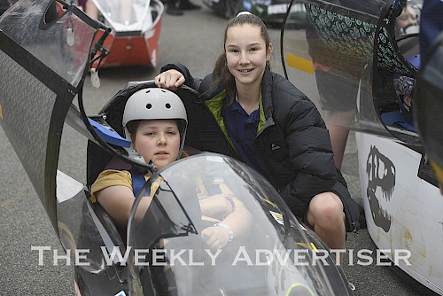 Haven Primary School’s Taya Price, in the driver’s seat, and Lily Flett prepare to put their human-powered vehicle to the test against a Dimboola Recreation Reserve circuit. They were among nine teams with about 20 vehicles that participated at the third annual Dimboola Human Powered Vehicle, HPV, Expo on Sunday.