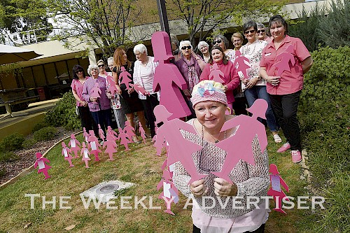 Shirley Jackson with pink ladies for Mini Field of Women for Breast Cancer Awareness month at Horsham Civic Centre.