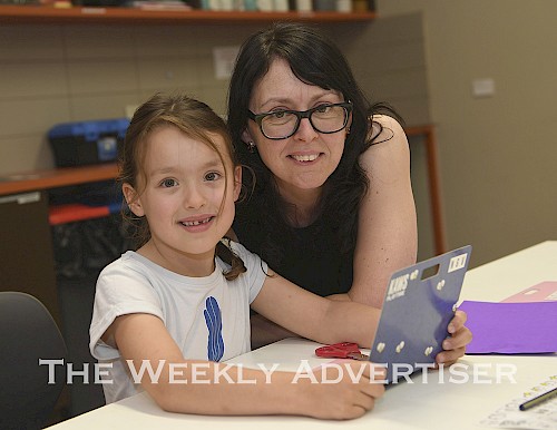 Audrey Jochinke and her mum Simone Tait at Horsham Art Gallery's Surprise with Letters workshop through the NGV Kids On Tour program.